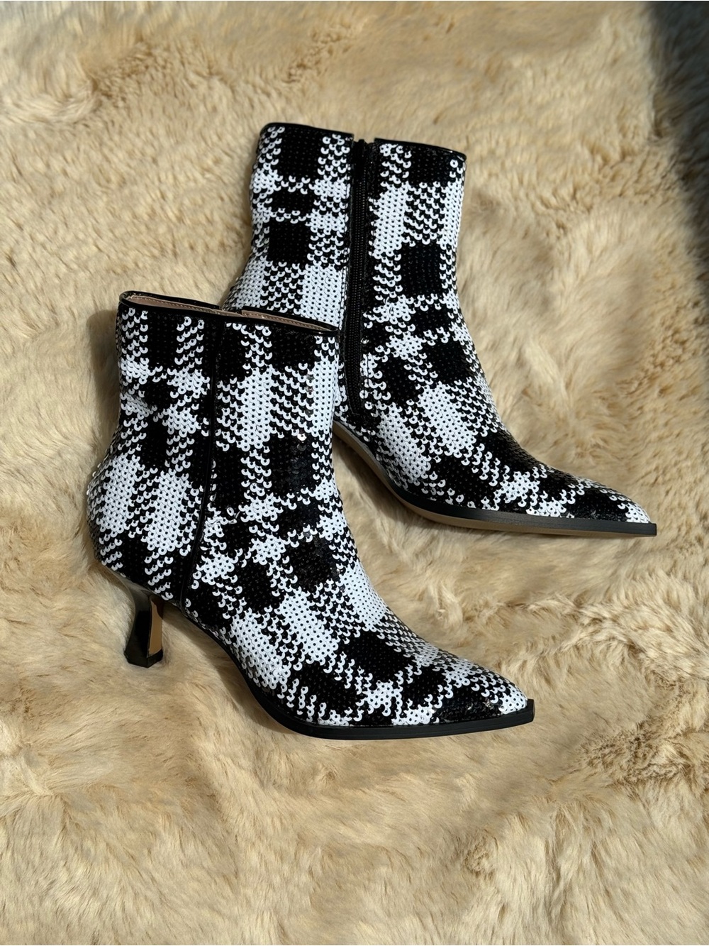 Betsey Johnson Black & White Houndstooth Sequin Ankle Boots